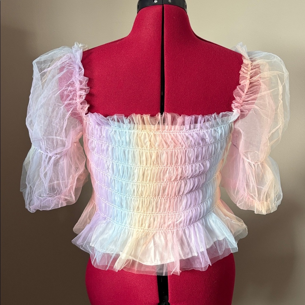 NWOT 🧚 Fairycore Rainbow Puff Sleeve Blouse Tulle Shired Top Sz S - Picture 4 of 9